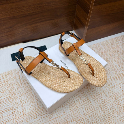YSL 26S THONG SANDALS IN BEIGE RAFFIA AND LIGHT BROWN CALFSKIN