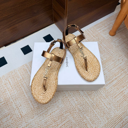 YSL 26S THONG SANDALS IN BEIGE RAFFIA AND METALLIC BRONZE CALFSKIN