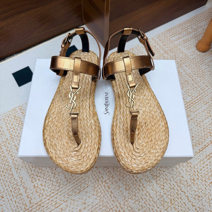 YSL 26S THONG SANDALS IN BEIGE RAFFIA AND METALLIC BRONZE CALFSKIN