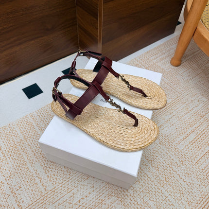 YSL 26S THONG SANDALS IN BEIGE RAFFIA AND BURGUNDY CALFSKIN