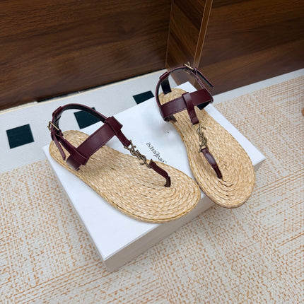 YSL 26S THONG SANDALS IN BEIGE RAFFIA AND BURGUNDY CALFSKIN