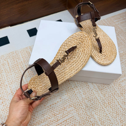 YSL 26S THONG SANDALS IN BEIGE RAFFIA AND DARK BROWN CALFSKIN