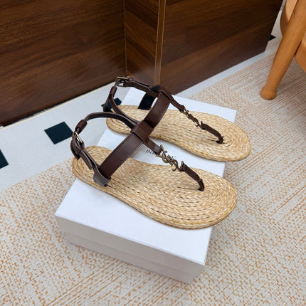 YSL 26S THONG SANDALS IN BEIGE RAFFIA AND DARK BROWN CALFSKIN