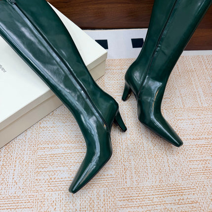 YSL 26S KNEE-HIGH BOOTS 70 MM IN DARK GREEN SHINY CALFSKIN