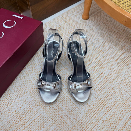 GUCCI 26S WEDGE SANDALS 80 MM IN SILVER CALFSKIN
