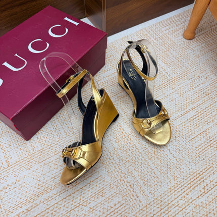 GUCCI 26S WEDGE SANDALS 80 MM IN GOLD CALFSKIN