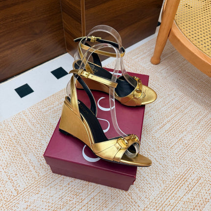 GUCCI 26S WEDGE SANDALS 80 MM IN GOLD CALFSKIN