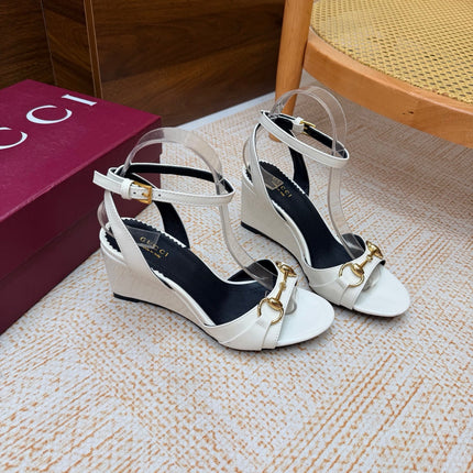 GUCCI 26S WEDGE SANDALS 80 MM IN WHITE GLOSSY CALFSKIN