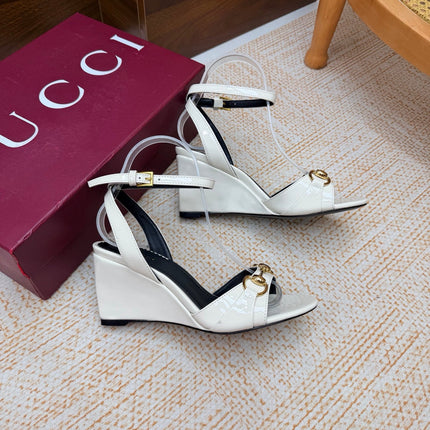 GUCCI 26S WEDGE SANDALS 80 MM IN WHITE GLOSSY CALFSKIN