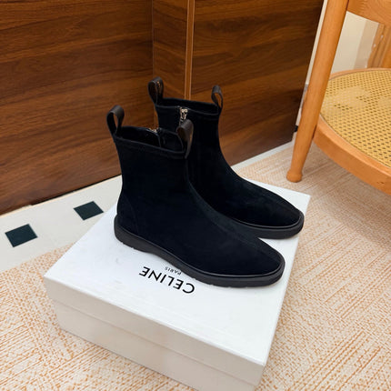 CELINE 26S ANKLE BOOTS IN BLACK SUEDE WITH PULL TABS
