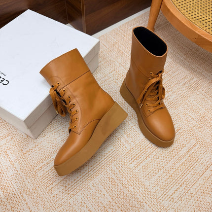 CELINE 26S LACE UP ANKLE BOOTS 50 MM IN TAN SMOOTH CALFSKIN