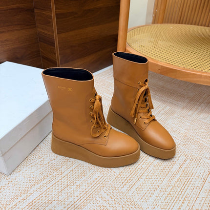 CELINE 26S LACE UP ANKLE BOOTS 50 MM IN TAN SMOOTH CALFSKIN
