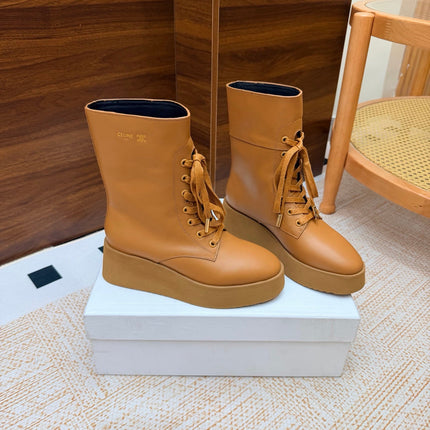 CELINE 26S LACE UP ANKLE BOOTS 50 MM IN TAN SMOOTH CALFSKIN