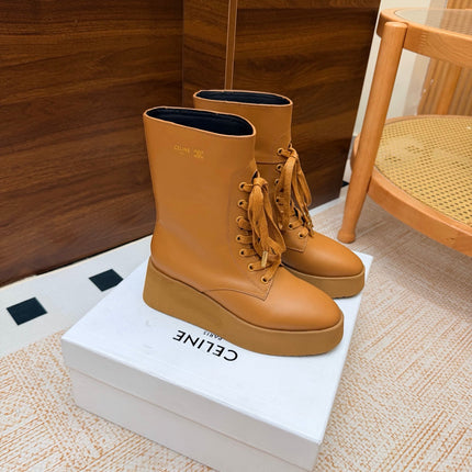CELINE 26S LACE UP ANKLE BOOTS 50 MM IN TAN SMOOTH CALFSKIN