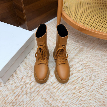 CELINE 26S LACE UP ANKLE BOOTS 50 MM IN TAN SMOOTH CALFSKIN