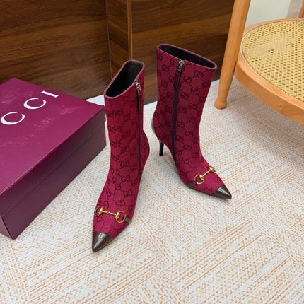GUCCI 26S ANKLE BOOTS 85 MM IN DARK RED GG CANVAS AND BROWN CALFSKIN
