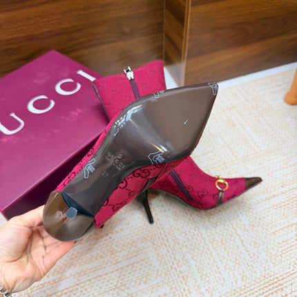 GUCCI 26S ANKLE BOOTS 85 MM IN DARK RED GG CANVAS AND BROWN CALFSKIN