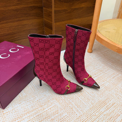 GUCCI 26S ANKLE BOOTS 85 MM IN DARK RED GG CANVAS AND BROWN CALFSKIN
