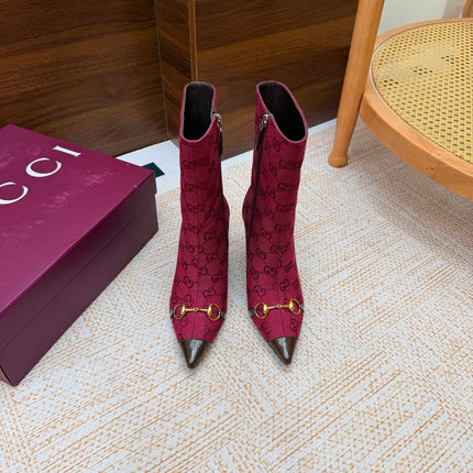 GUCCI 26S ANKLE BOOTS 85 MM IN DARK RED GG CANVAS AND BROWN CALFSKIN