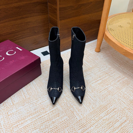 GUCCI 26S ANKLE BOOTS 85 MM IN BLACK GG CANVAS AND CALFSKIN