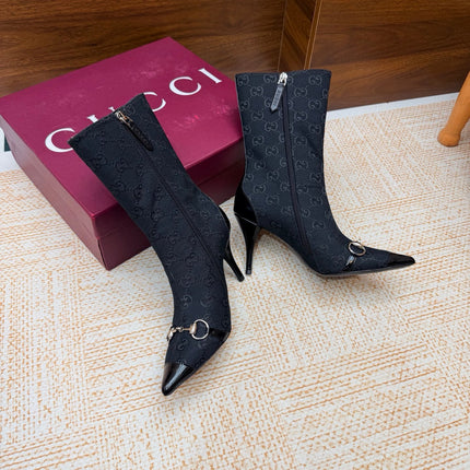 GUCCI 26S ANKLE BOOTS 85 MM IN BLACK GG CANVAS AND CALFSKIN