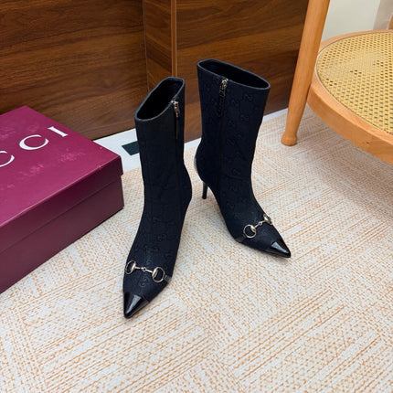 GUCCI 26S ANKLE BOOTS 85 MM IN BLACK GG CANVAS AND CALFSKIN