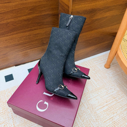 GUCCI 26S ANKLE BOOTS 85 MM IN BLACK GG CANVAS AND CALFSKIN