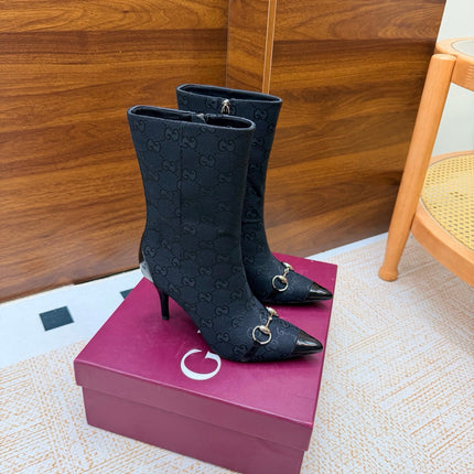 GUCCI 26S ANKLE BOOTS 85 MM IN BLACK GG CANVAS AND CALFSKIN