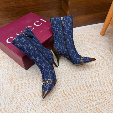 GUCCI 26S ANKLE BOOTS 85 MM IN BLUE DENIM AND BROWN CALFSKIN