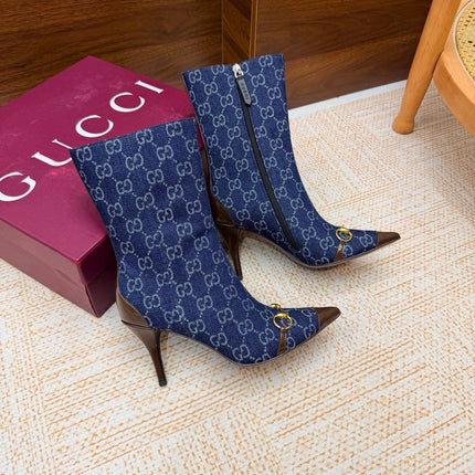GUCCI 26S ANKLE BOOTS 85 MM IN BLUE DENIM AND BROWN CALFSKIN