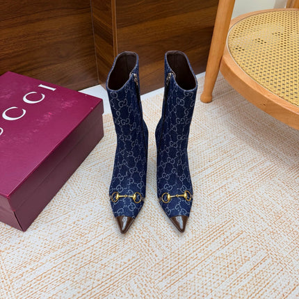 GUCCI 26S ANKLE BOOTS 85 MM IN BLUE DENIM AND BROWN CALFSKIN