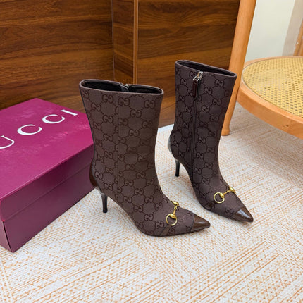 GUCCI 26S ANKLE BOOTS 85 MM IN DARK BROWN GG CANVAS AND CALFSKIN