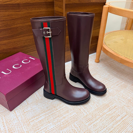 GUCCI 26S KNEE HIGH BOOTS IN BURGUNDY BROWN SMOOTH CALFSKIN