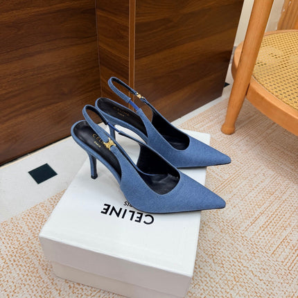 CELINE 26S SLINGBACK HIGH HEEL PUMPS 85 MM IN BLUE DEMIN