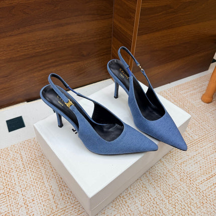 CELINE 26S SLINGBACK HIGH HEEL PUMPS 85 MM IN BLUE DEMIN