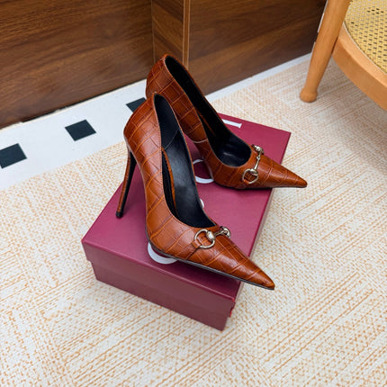 GUCCI 26S HORSEBIT PUMPS 105 MM IN BROWN CROCODILE EMBOSSED LEATHER