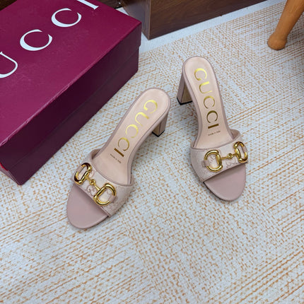 GUCCI 26S HORSEBIT HEEL SANDALS 85 MM IN BEIGE GG CANVAS