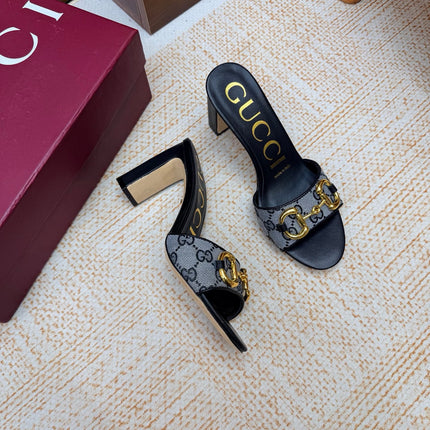 GUCCI 26S HORSEBIT HEEL SANDALS 85 MM IN BLACK MIX GREY GG CANVAS