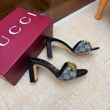 GUCCI 26S HORSEBIT HEEL SANDALS 85 MM IN BLACK MIX GREY GG CANVAS