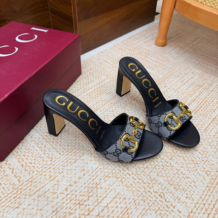 GUCCI 26S HORSEBIT HEEL SANDALS 85 MM IN BLACK MIX GREY GG CANVAS