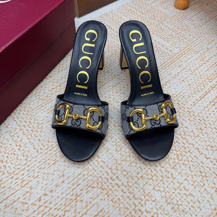 GUCCI 26S HORSEBIT HEEL SANDALS 85 MM IN BLACK MIX GREY GG CANVAS