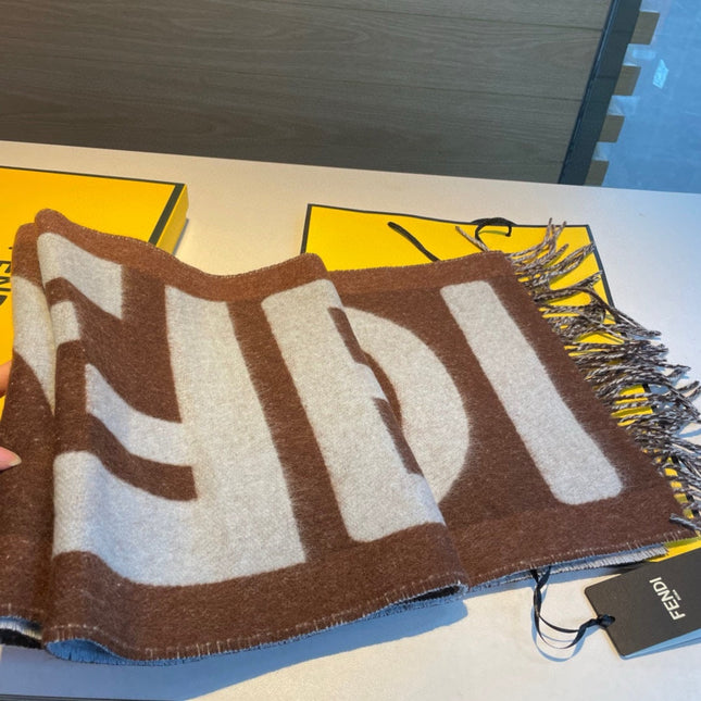 FF 185 CM SCARF IN CAMEL BROWN MIX GREY CASHMERE AND WOOL