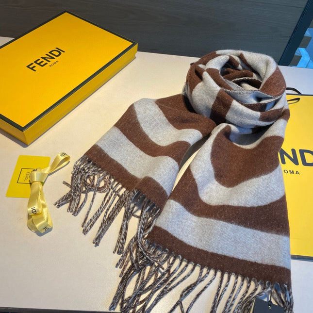 FF 185 CM SCARF IN CAMEL BROWN MIX GREY CASHMERE AND WOOL