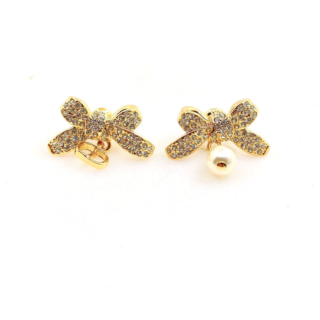 CD 26S CRYSTAL BOW PEARL DROP EARRINGS IN GOLD TONE METAL 644377