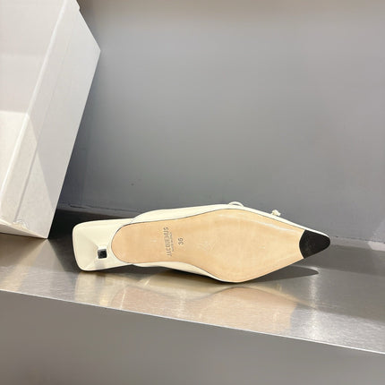 JACQUEMUS 26S HEELED MULES IN CREAM WHITE CALFSKIN