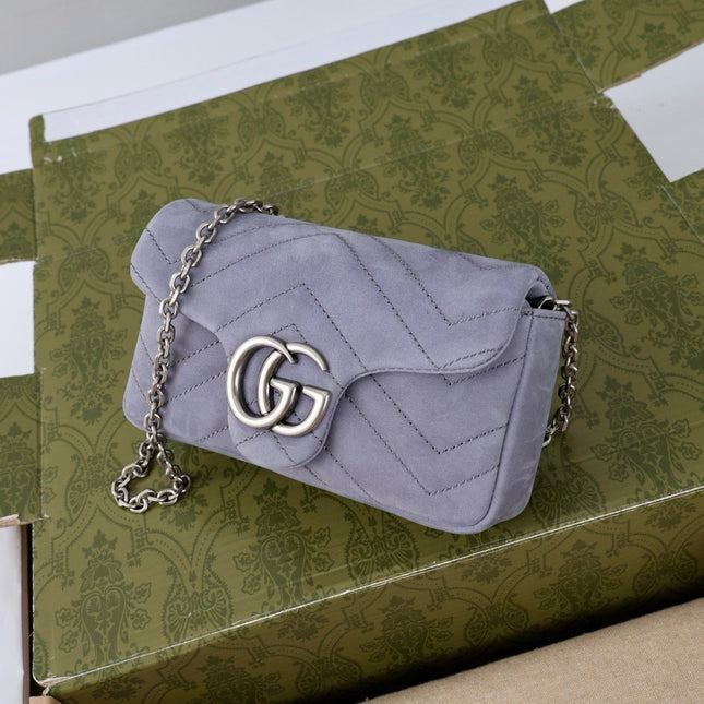 GUCCI 26S GG MARMONT MINI SHOULDER BAG 16 IN LIGHT GREY SUEDE