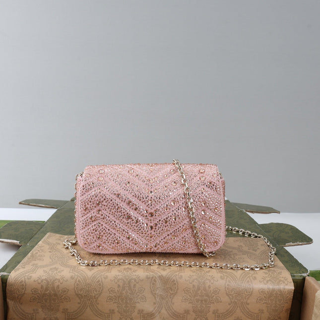 GUCCI 26S GG MARMONT MINI SHOULDER BAG 16 IN LIGHT PINK EMBOSSED CRYSTALS
