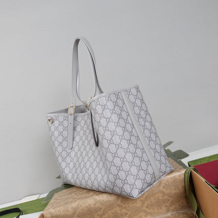 GUCCI 26S TOTE BAG 38 IN GREY CANVAS  METALLIC LEATHER TRIM