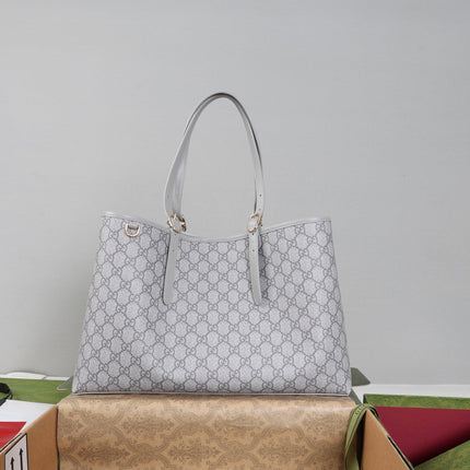 GUCCI 26S TOTE BAG 38 IN GREY CANVAS  METALLIC LEATHER TRIM