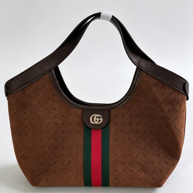 GUCCI 26S GIGLIO LARGE TOTE BAG 33 IN DARK BROWN SUEDE